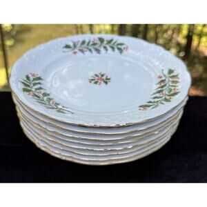 Vintage Royal Kent Christmas Holiday Holly Poland 10” Dinner Plates Set Of 8